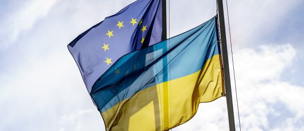 Ukraine flag; EU flag, EU and Ukraine flag